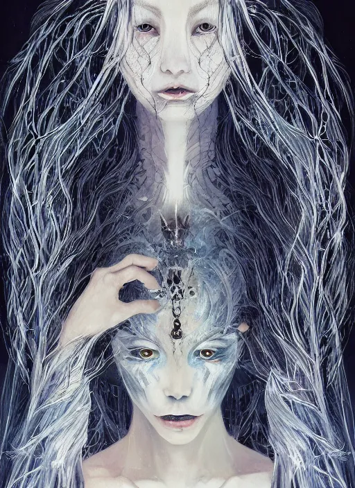 Image similar to breathtaking detailed art portrait painting of evil fantasy sorceress vampire, dark castle setting, with anxious, piercing eyes, amalgamation of spells, by Hsiao-Ron Cheng, James jean, Miho Hirano, Hayao Miyazaki, extremely moody lighting, Black paper, cut paper texture, Full of light-blue and silver and white layers, 8K, intricate detail, cgsociety, hyperrealistic, octane render, RPG portrait, ambient light, dynamic lighting