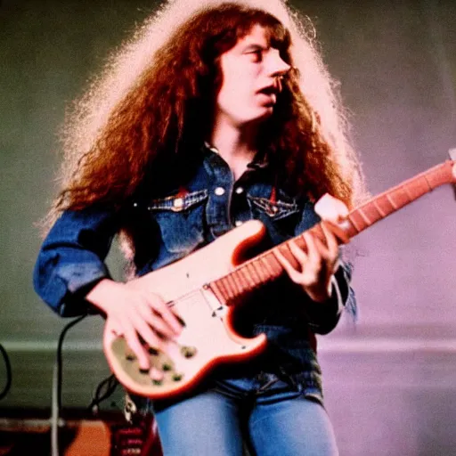 Prompt: 19-year-old girl wearing double denim, thick shaggy hair, permed hair, holding electric guitar, 1971, proto-metal concert, live at Royal Albert Hall, concert lighting