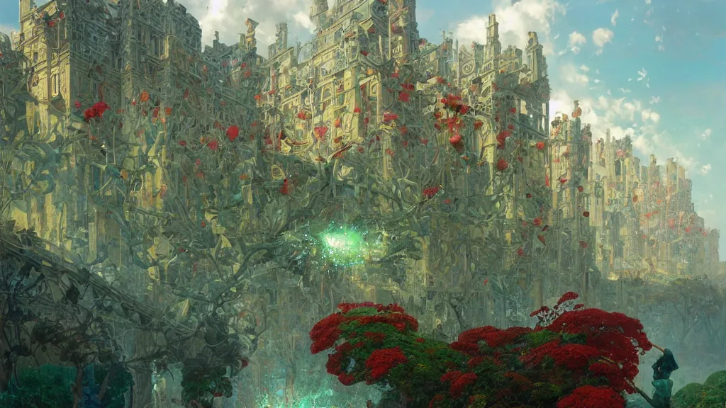 Prompt: ordered symmetric greek olympic park shiny gold and silver columns of glass surrealistic glossy sunbeams bloom glare lens flare metal structures made, green and red leaves, close up villages castles, buildings artstation illustration sharp focus sunlit vista painted by ruan jia raymond swanland lawrence alma tadema zdzislaw beksinski norman rockwell tom lovell alex malveda greg staples