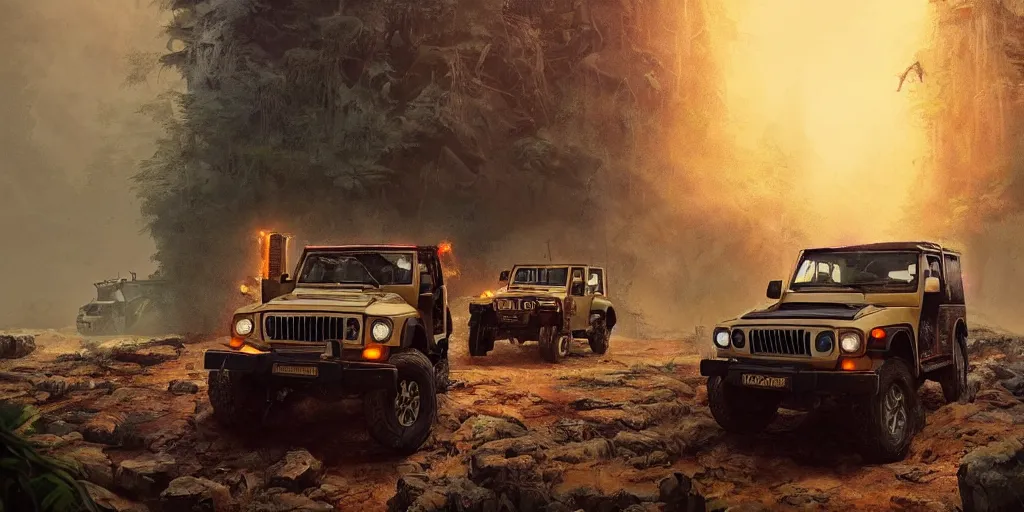 Prompt: Mahindra thar, malayalis attacking, furious action scene, an epic fantasy, dramatic lighting, cinematic, establishing shot, extremely high detail, photorealistic, cinematic lighting, artstation, by simon stalenhag, shadow of the tomb rider