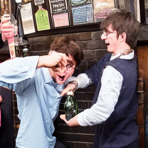 Prompt: harry potter breaks a bottle over someones head in the local pub