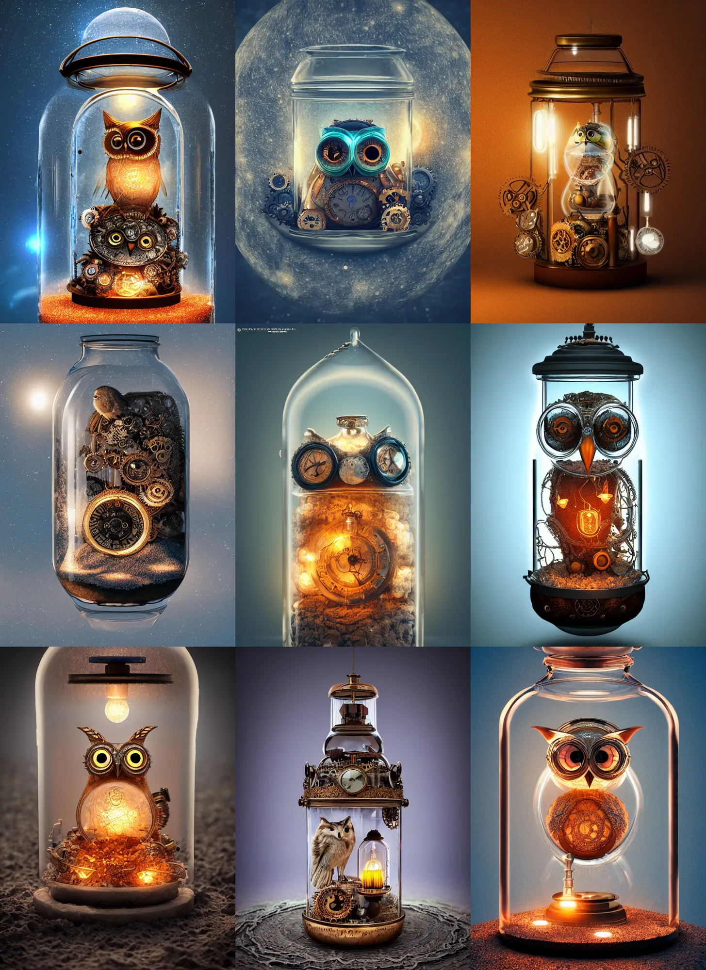 Prompt: steampunk owl inside a glass jar buried in sand, hourglass, himalayan rocksalt lamp, intricate detail, hyper detailed, ultra realistic, sharp focus, octane render, lantern, volumetric, ray tracing, artstation trending, moon, pocketwatch, cgsociety, sense of awe, swirling mist, mystical, blue moon, 4 k