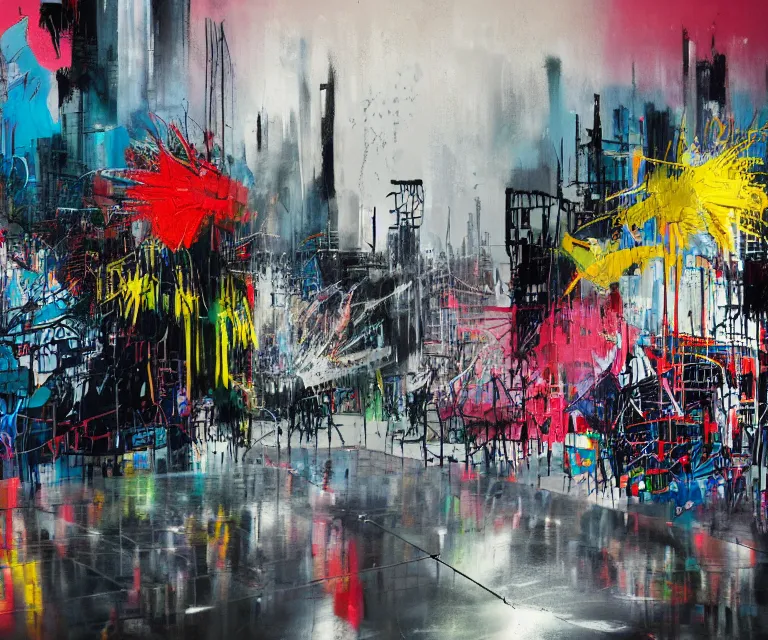 Prompt: acrylic and spraypaint of a metropolitan cityscape at night with wet pavement and reflections, graffiti wildstyle, large brush strokes, painting, paint drips, acrylic, clear shapes, spraypaint, smeared flowers, origami crane drawings, large triangular shapes, painting by ashley wood, basquiat, jeremy mann, masterpiece