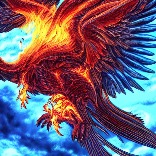 Prompt: realistic phoenix reincarnation in flames, detailed digital art