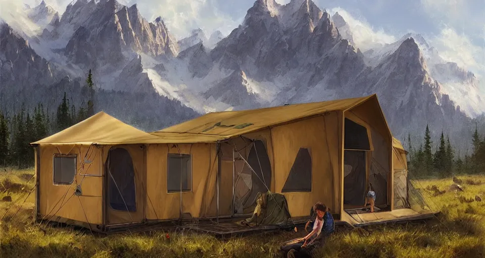 Image similar to cabela's beautiful comfortable carbon framed, modular insulated wall portable container home kit - house all weather family dwelling tent house, person in foreground, mountainous forested wilderness open fields, beautiful views, painterly concept art, environmental concept art, concept art illustration, by james gurney, by craig mullins, by greg rutkowski trending on artstation