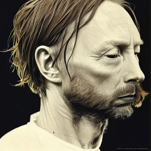 Image similar to collages, hyper realistic, many variations portrait of very old thom yorke, face variations, singer songwriter, ( side ) profile, liminal space, by lee bermejo, alphonse mucha and greg rutkowski, greybeard, smooth face, cheekbones, various versions