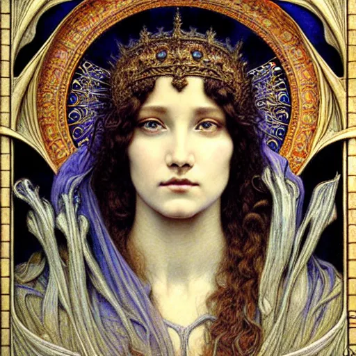 Image similar to detailed realistic beautiful young medieval queen face portrait by jean delville, gustave dore and marco mazzoni, art nouveau, symbolist, visionary, gothic, pre - raphaelite, art forms of nature by ernst haeckel, horizontal symmetry