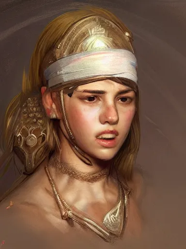 Prompt: a warry injuried warrior, its head bandaged.. intricate, elegant, highly detailed, digital painting, artstation, concept art, sharp focus, illustration, by justin gerard and artgerm, 8 k