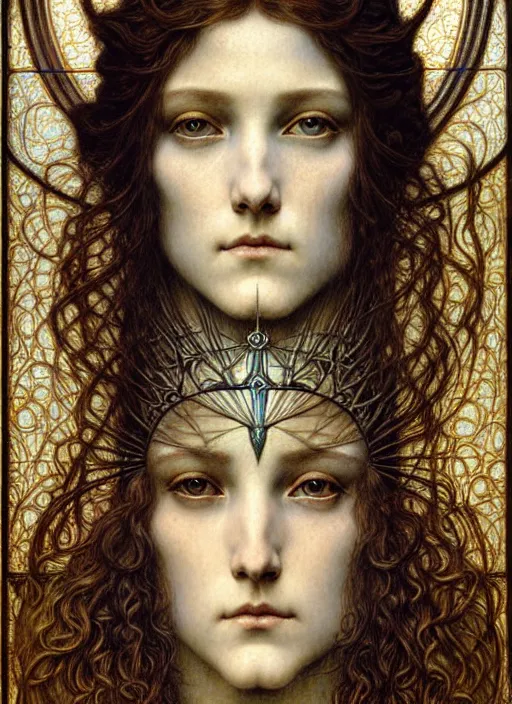 Image similar to detailed realistic beautiful young medieval queen face portrait by jean delville, gustave dore and marco mazzoni, art nouveau, symbolist, visionary, gothic, pre - raphaelite. horizontal symmetry