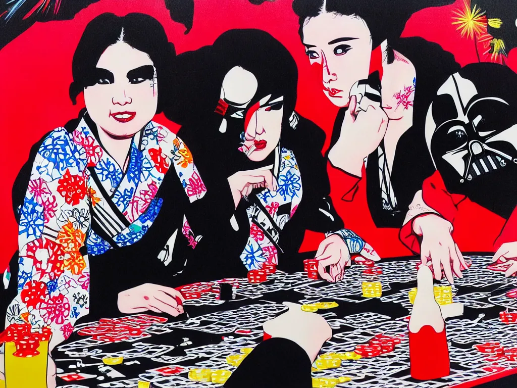 Image similar to hyperrealism composition of the detailed woman in a japanese kimono sitting at an extremely detailed poker table with darth vader, fireworks on the background, pop - art style, jacky tsai style, andy warhol style, acrylic on canvas