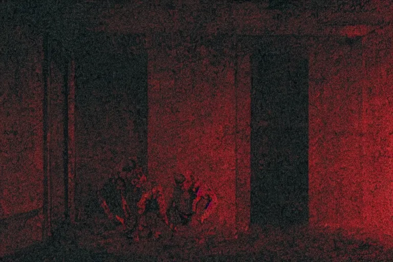 Image similar to cctv footage of an extremely dark empty room with evil horror humanoid cryptid monster made out of static, dark deep black shadows, crimson red and black color contrast in the style of trevor henderson and james ensor goya, liminal space, 3 d render, glitch effect