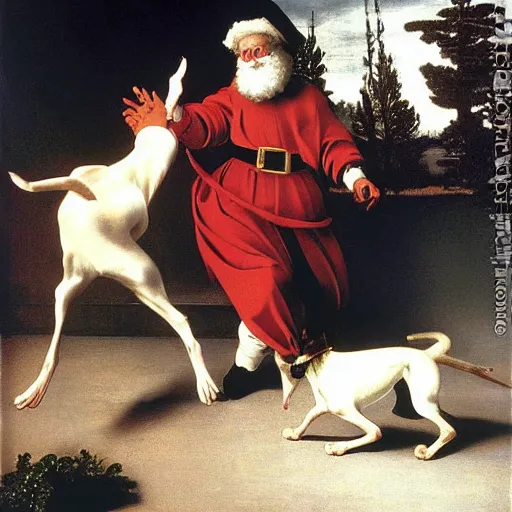 Prompt: Father Christmas throwing a bone for a greyhound to chase. Painted by Caravaggio