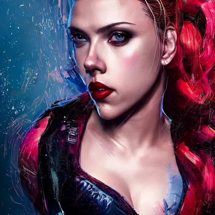 Image similar to portrait of scarlett johansson as a harley quinn. intricate abstract. intricate artwork. by Tooth Wu, wlop, beeple, dan mumford. octane render, trending on artstation, greg rutkowski very coherent symmetrical artwork. cinematic, hyper realism, high detail, octane render, 8k, iridescent accents