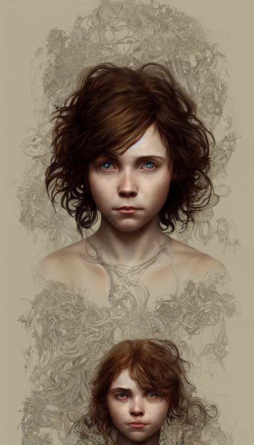 Image similar to Sophia Lillis, long hair, sweaty, insane, intricate, highly detailed, digital painting, artstation, concept art, smooth, sharp focus, illustration, Unreal Engine 5, 8K, art by artgerm and greg rutkowski and alphonse mucha