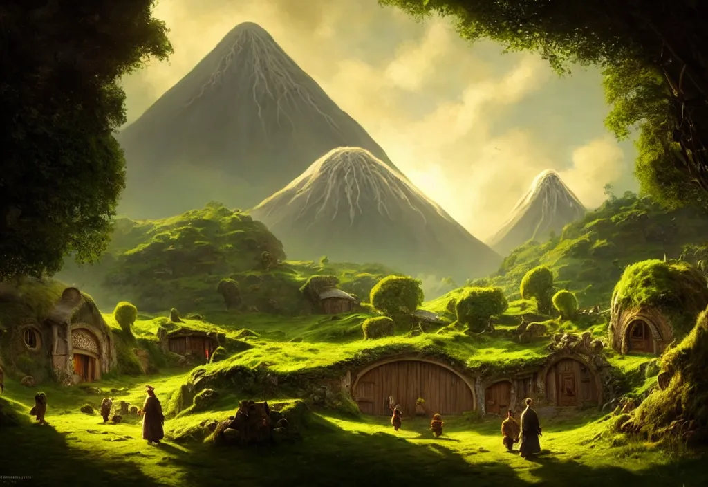 Prompt: an edwardian village scene, hobbit holes and a volcano in the background, clear green sky, cinematic view, epic sky, detailed, concept art, low angle, high detail, warm lighting, volumetric, godrays, vivid, trending on artstation, by jordan grimmer, art greg rutkowski