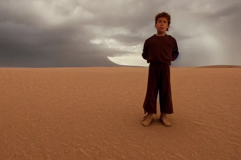 Prompt: a cinematic wide angle shot of a boy in the movie dune, in a serene vast desert, stormy weather, dry, film still, cinematic, movie still, dramatic lighting, 1 6 : 9 ratio