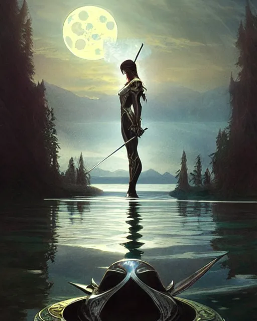 Image similar to excalibur in the middle of a lake under a giant full moon, rippling reflections, romantic, cinematic, intricate, elegant, highly detailed, artstation, concept art, smooth, sharp focus, art by artgerm and greg rutkowski and alphonse mucha, masterpiece.