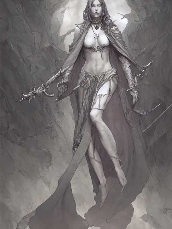 Image similar to female revenant, grey tarnished robes, vengeful, floating, no legs, high fantasy, magitek, monochromatic, matte digital illustration, by koyorin, donato giancola, pixiv