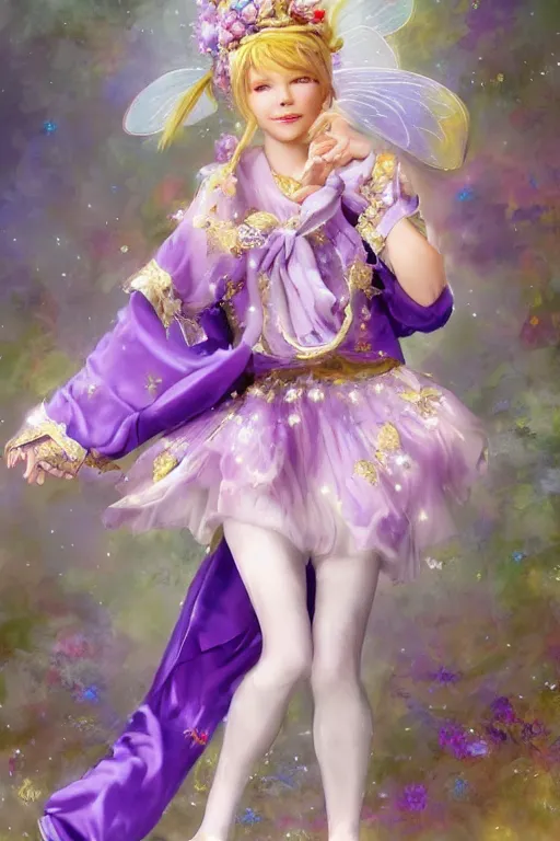 Prompt: Full View fairy maiden with short blond hair wearing an oversized purple Beret, Baggy Purple overall shorts, Short Puffy pants made of silk, silk shoes, a big billowy scarf, Golden Ribbon, and white leggings Covered in stars. covered in embroidery. Short Hair. peasant magic. Rhythmic gymnastics poses. masterpiece 4k digital illustration by Ruan Jia and Mandy Jurgens and Artgerm and william-adolphe bouguereau and greg rutkowski , award winning, Artstation, art nouveau aesthetic, Alphonse Mucha background, intricate details, realistic, panoramic view, Hyperdetailed, 8k resolution, intricate art nouveau