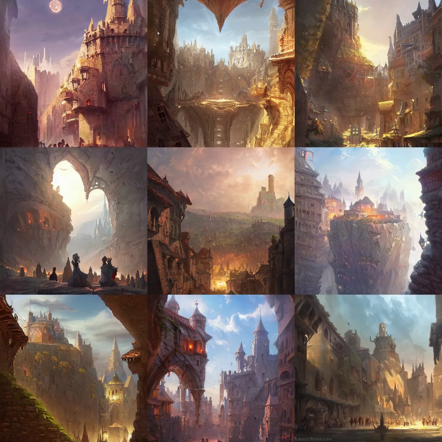 Prompt: medieval city on a giant rock floating in the sky, concept art, digital painting, heartstone, art by artgerm and greg rutkowski and marc simonetti