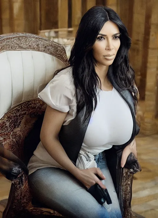 Prompt: a film still of kim kardashian tied to a chair, mouth taped, hands cuffed, outfit : jeans and white vest