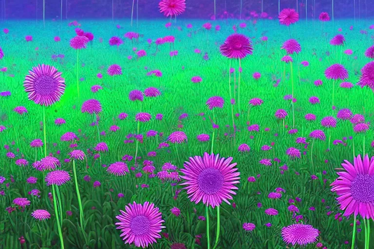 Image similar to beautiful field of giant gerber daisy flowers digital illustration by dr. seuss : 1 | colorful surreal psychedelic megaflora forest by beeple : 1