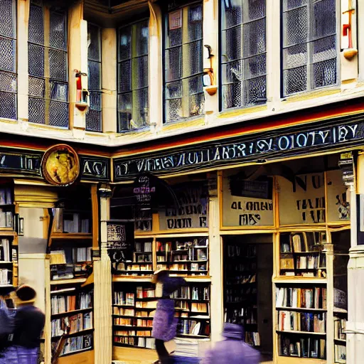 Image similar to a multistory bookshop, 85mm dslr photo by Malcolm Morley, featured on cg society, arts and crafts movement, national geographic photo, streetscape, atmospheric, early evening, cloudy