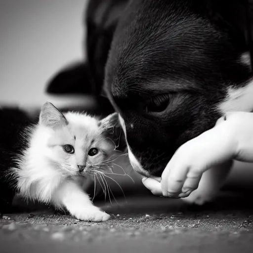 Image similar to black and white photography of a puppie giving some food to baby cat, animal photography, award winning photography by Leonardo Espina