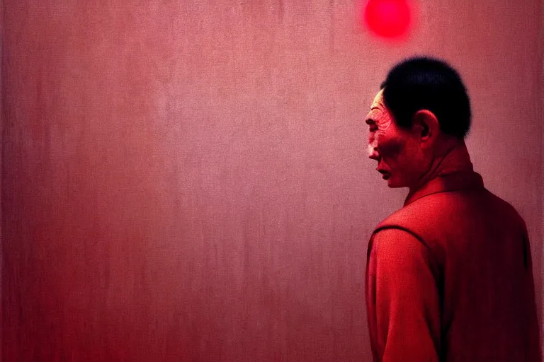 Prompt: a uyghur prisoner, in the style of beksinski, parts by edward hopper, parts by rodcenko, parts by yue minjun, intricate and epic composition, symmetrical, red by caravaggio, insanely quality, highly detailed, masterpiece, red light, artstation, 4 k