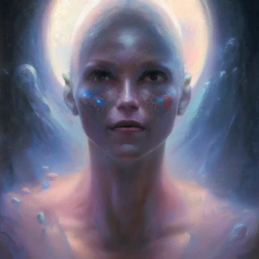 Prompt: a hyperrealistic acrylic on canvas portrait painting of a beautiful alien priestess by Greg Rutkowski, Artgerm and Beksinski. Epic fantasy art. Volumetric lighting. Night scene.