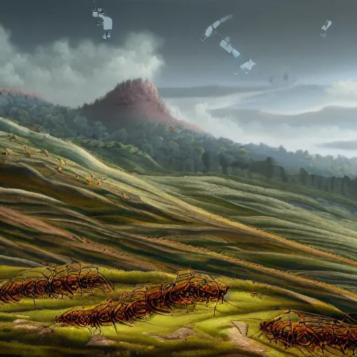 Prompt: a landscape painting of hills covered in robotic ants, painting, highly detailed