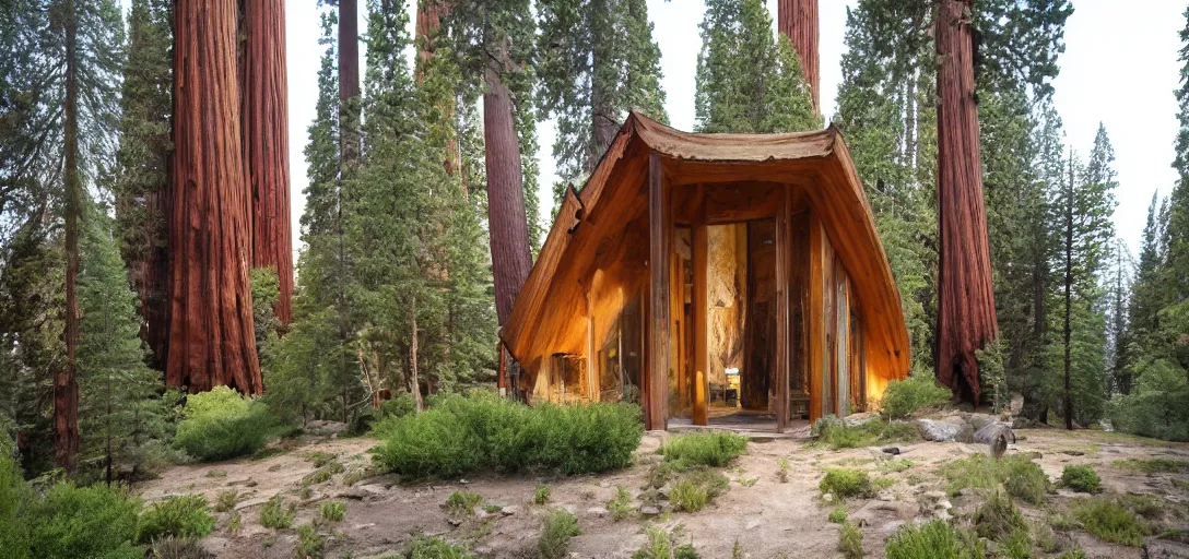 Prompt: house built into and inside a single giant sequoia