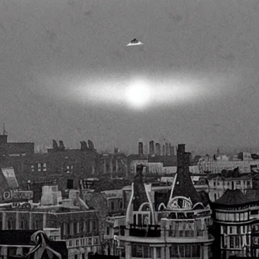 Prompt: London under attack by UFOs, Second World War, black and white