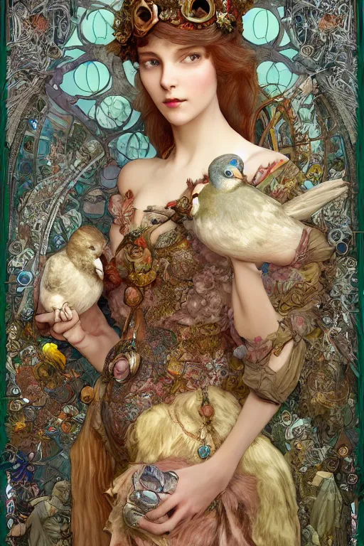 Image similar to zoom in 3 d render of english princess holding birds, ornaments, mucha vibe, dieselpunk, solarpunk, artstation, andrei riabovitchev