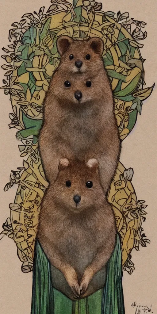 Prompt: a quokka in the style of mucha