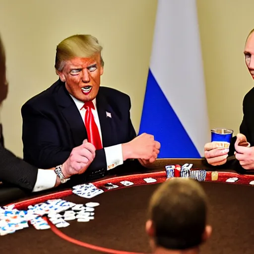 Prompt: donald trump and jesus christ playing poker while putin serves drinks and smiles