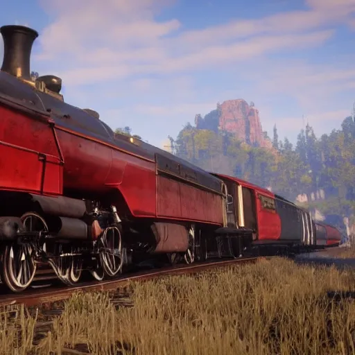 Image similar to futuristic sleek steam locomotive in red dead redemption 2