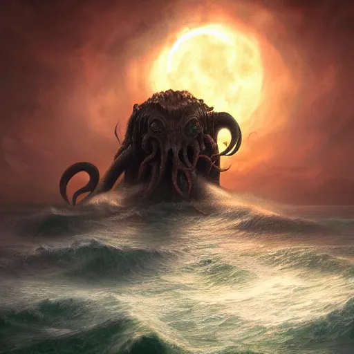 Image similar to a digital painting of a gigantic cthulhu coming out of the sea, back lighting, dramatic scene, detailed, night time, full moon, in the style of greg rutkowski