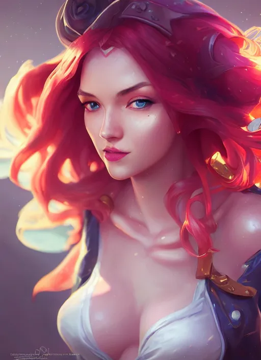 Image similar to miss fortune from league of legends, half body shot, path traced, realistic, highly detailed, high quality, digital painting, hd, alena aenami, lilia alvarado, shinji aramaki, karol bak, alphonse mucha, tom bagshaw