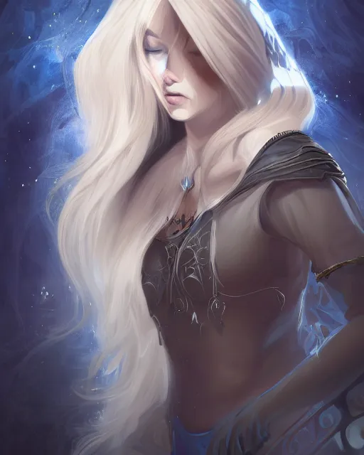 Image similar to A beautiful mysterious girl with hooded cobalt-blue eyes and silky white hair, guitar shape build, her wardrobe is attractive, full body, fantasy art, in the style of Frank Neidhardt, illustration, epic art, fantasy, intricate, elgant, amazing detail, digital painting, artstation, concept art, smooth, sharp focus