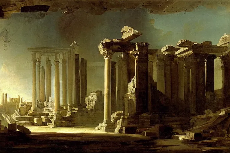 Image similar to painting spaceship crashed into rome temple by hubert robert detailed