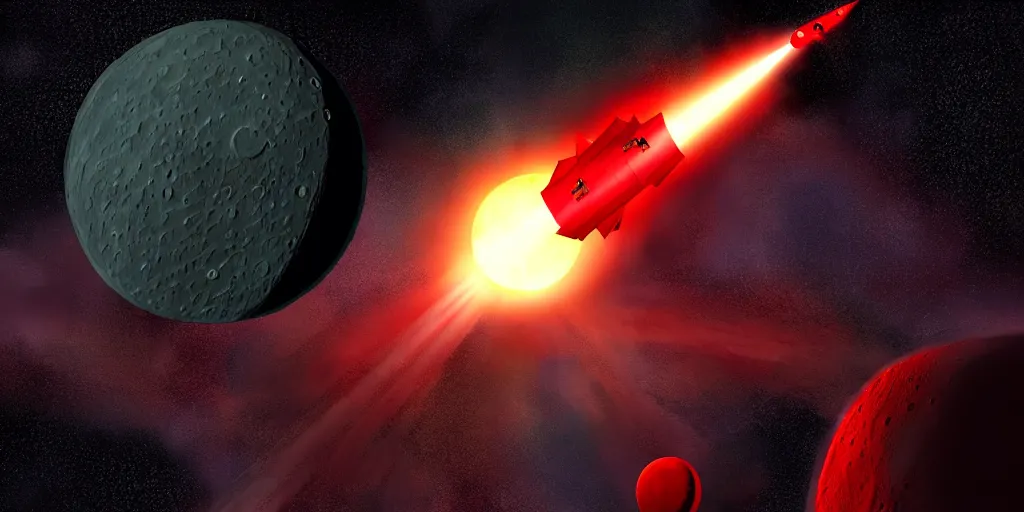 Prompt: giant <Cthulhu> silhouetted lunar surface crushing attacking redspaceship missile jet fighter with explosion, photorealistic, wide-angle, long shot, epic, space, lunar backdrop