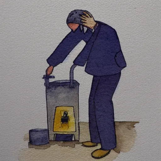 Image similar to a computer janitor depressed and miserable turning the gun upon himself, dark, watercolor