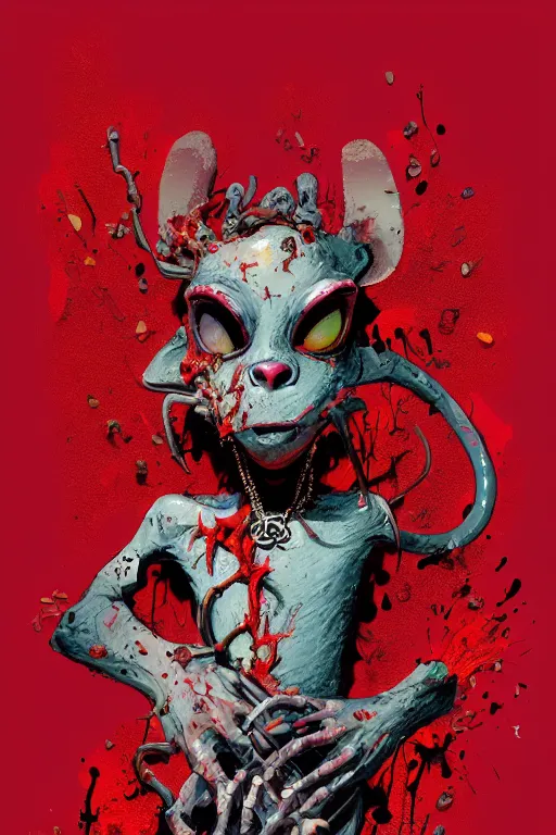 Image similar to beautiful necromancer half rat, made of red gucci fabric, dust particles, pixiv fanbox, dramatic lighting, maximalist pastel color palette, splatter paint, pixar and disney exploded - view drawing, graphic novel by fiona staples and dustin nguyen, peter elson, alan bean, wangechi mutu, clean cel shaded vector art, trending on artstation