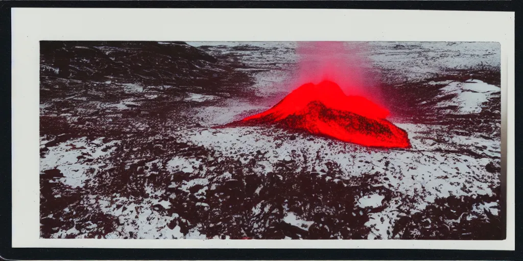 Prompt: polaroid photo of a vulcanic eruption in a snowy icy area, bright red lava, bright white snow and ice