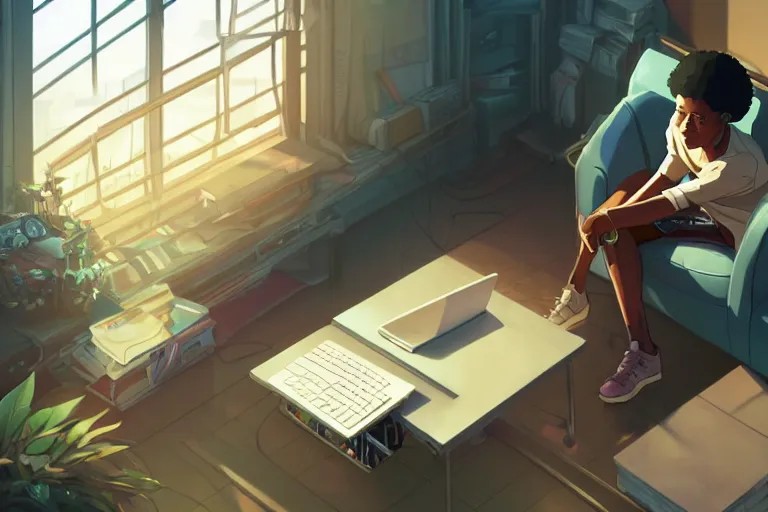 Image similar to a young black man sitting on a sofa working on a laptop, wide angle shot from above, golden curve composition, animation portrait concept art, style of makoto shinkai, xision, james jean and peter mohrbacher, studio ghibli, artgerm, karol bak, dan mumford, 4 k hd, animation style