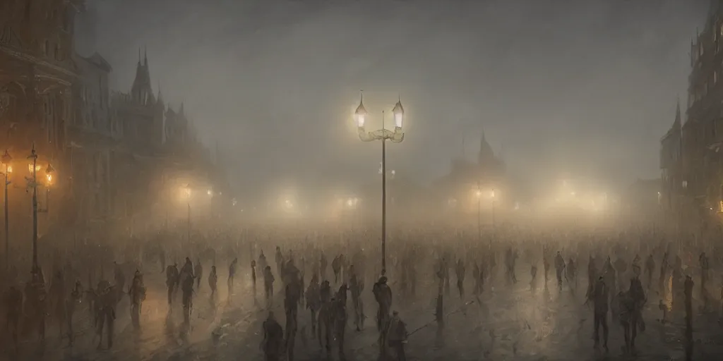 Prompt: a heavy swirling fog during a parade, soft lighting, night, unreal engine, digital art, 8 k, oil painting, fantasy art, illustration, detailed and intricate environment