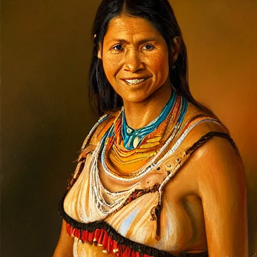 Portrait wunderschöne Indio Frau am as Fluss in Brasilien, Menschen  as art print or hand painted oil.