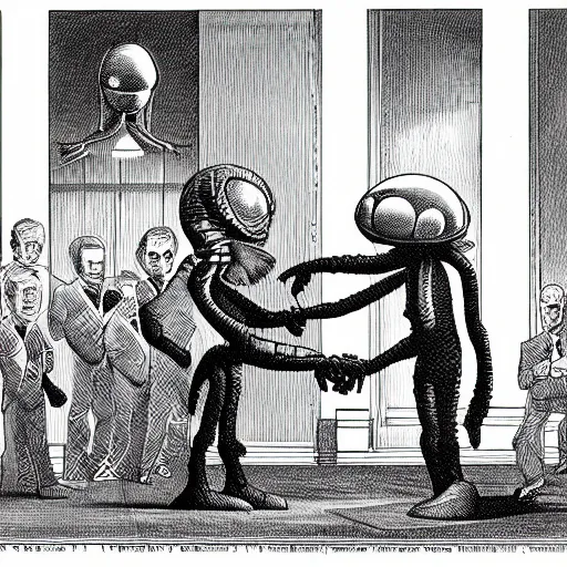 Image similar to an alien meeting the president, highly detailed, highly intricate, black and white