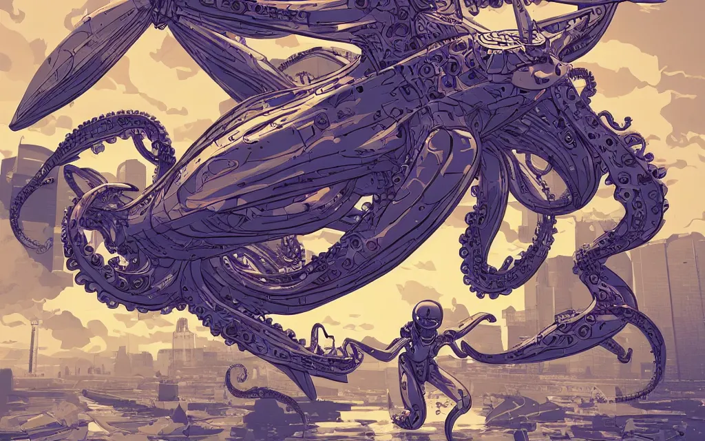 Image similar to robotic flying octopus, in the style of ilya kuvshinov and laurie greasley, dynamic composition, dramatic lighting, ultra detailed, nitro colors